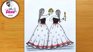 2 best friend in Beautiful Traditional Girl Celebrating Holi Drawing || Easy Drawing/