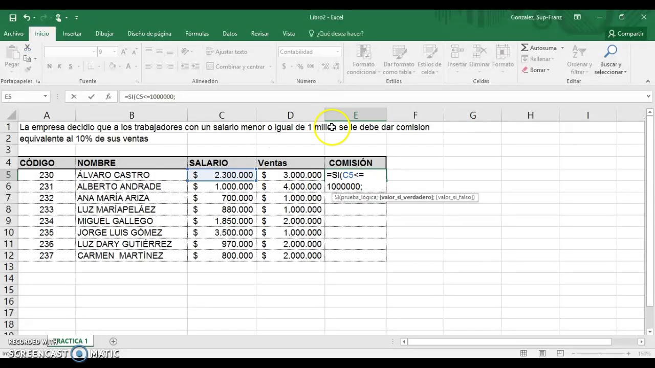 Función SI, (Salario?, Ventas? - Calcular Comisión) Ejercicio 4. Curso ...