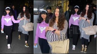 2nd Time Pregnant Aishwarya Rai Flaunting her Baby Bump with daughter Aaradhya at the Airport