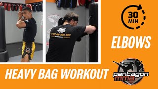 In home Muay Thai Kickboxing heavy bag Workout.  Today’s lesson-how to throw basic Elbows—Class #16