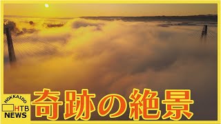 【ドローン絶景】まるで霧が龍のように…珍しい「雲龍」を十勝の朝日がオレンジ色に染め上げる