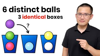 In how many ways can we distribute 6 distinct balls into 3 identical boxes?