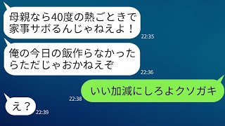 気弱な母親を利用して、40度の熱があるのに家事をさせる父親の連れ子。「家政婦は仕事をサボるな！」と叫ぶDQN息子に、母親がついに本気で怒った。