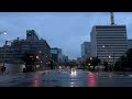 driving japan central tokyo in the morning. a quiet shrine and a bustling shrine.