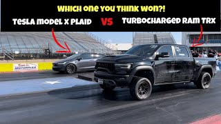 TURBOCHARGED RAM TRX VS MODEL X PLAID YOU WON'T BELIEVE WHO WON