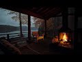 calm and cozy atmosphere with rainy on lakeside porch with fireplace sounds