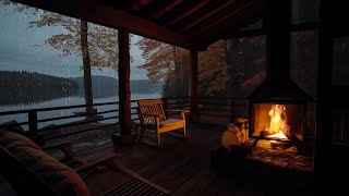 Calm and Cozy Atmosphere with Rainy on Lakeside Porch with Fireplace Sounds