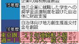 東京圏、２２年連続転入超過＝１１．９万人、続く若者集中－１７年人口移動・総務省