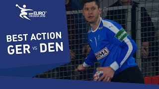 Landin landing on the advertisment board after a perfect save | Men's EHF EURO 2018