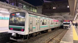 勝田駅 E501（幕車）→回送リバイバルE657→5+5両編成E531（ごまいち4分遅れによるフライング接近放送）