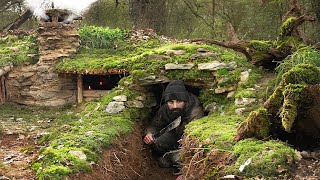 Crafting complete and comfort survival shelter | Bushcraft wood structure,clay roof & twin fireplace