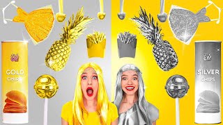 GOLD vs. SILVER FOOD || Eating One Color Food for 24 HRS! Funny Recipes by 123 GO! FOOD
