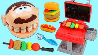 Feeding Mr. Play Doh Head Hamburgers, Hot Dogs, and More Using Play Dough BBQ Grill!