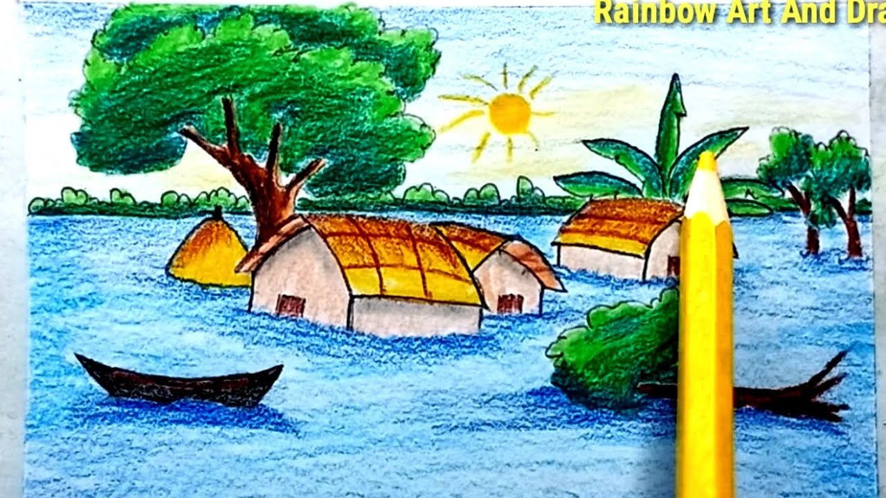 How To Draw Scenery Of Flood Step By Step || বন্যার দৃশ্য অংকন || How ...