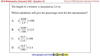 2018 Maths General 2 HSC Q18 Find expression for percentage error of length measurement 2.4 metres