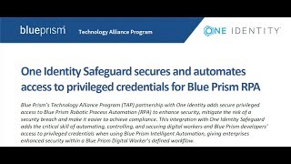 Securing Blue Prism robot credentials with One Identity Safeguard (Robotic Process Automation)