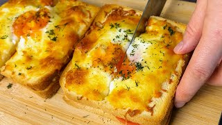 Crispy toasts with egg and cheese!! Toast with butter! Delicious breakfast!