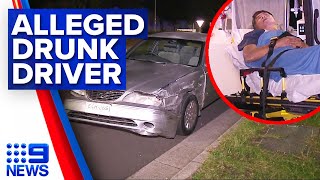 Alleged drunk driver ‘side-swipes’ car, crashes into power pole | 9 News Australia