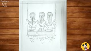 How to draw three best friends sitting together on a swing//pencil sketch tutorial.