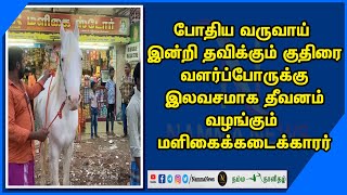 போதிய வருவாய் இன்றி தவிக்கும் குதிரை வளர்ப்போருக்கு  இலவசமாக தீவனம் வழங்கும் மளிகைக்கடைக்காரர்