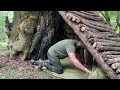 building complete and warm bushcraft survival shelter attached to trunk u0026 outdoor cooking fireplace