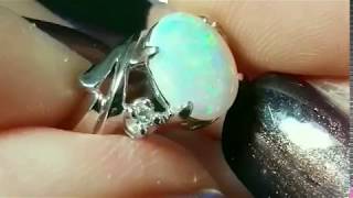 Opal Diamond 14K White Gold Ring Vintage Bypass Floral Estate Jewelry Gift