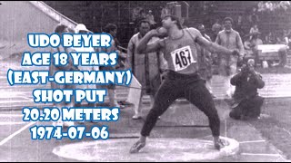 Udo Beyer age 18 years (East-Germany) shot put 20.20 meters 1974-07-06 Leipzig .