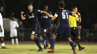 GOAL: Tomas Hilliard-Arce heads the ball in after a cheeky free kick play