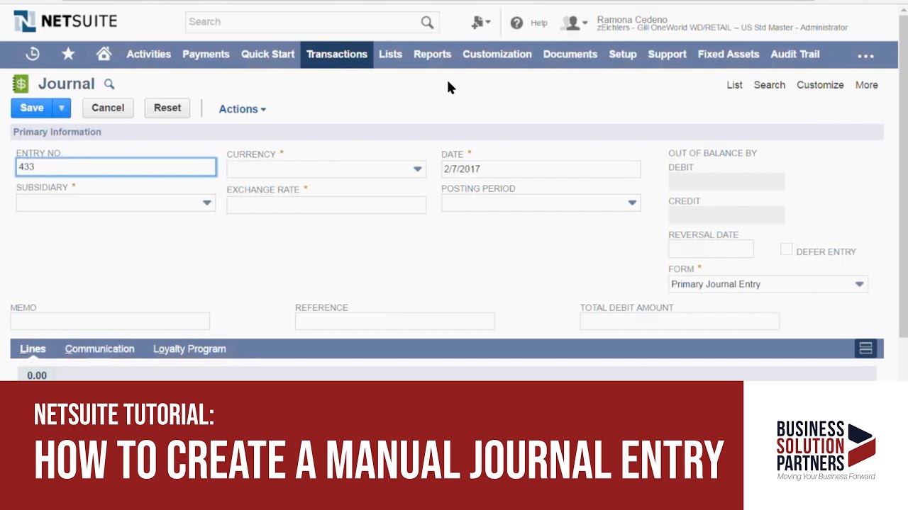 Netsuite Tutorial How To Create A Manual Journal Entry Youtube