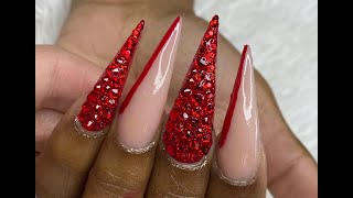 Red Valentines Day Nails | Red Bling Application | Acrylic Nails Tutorial