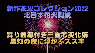 【4K】新作花火コレクション2022 北日本花火興業 昇り曲導付き三重芯変化菊 星灯の夜に浮かぶススキ