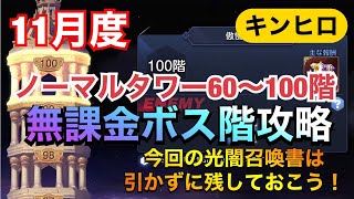 【キンヒロ】11月度Nタワー無課金ボス階攻略60〜100階！今回の報酬光闇召喚書は引かずに残しておこう！【キングダムオブヒーローズ 】