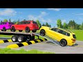 Flatbed Trailer Cars Transportation with Truck - Car vs Speed Bump #006 - BeamNG.Drive