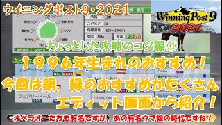 ウイニングポスト９・２０２１【ちょっとした攻略のコツ㉛】１９９６年生まれのおすすめの馬を紹介しています！テイエムオペラオーたちもいいですが、銅も緑もあのお守りなしの馬もいます！！