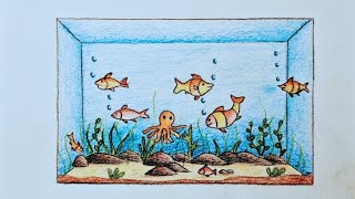 How to draw aquarium || Fish tank drawing and colouring