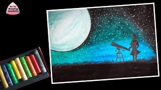 Easy Oil Pastel Drawing for Beginners - Half Moon and Telescope Night - Step by Step