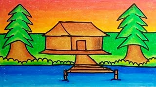 How To Draw A House Landscape With Oil Pastels Step By Step |Drawing House Easy Scenery