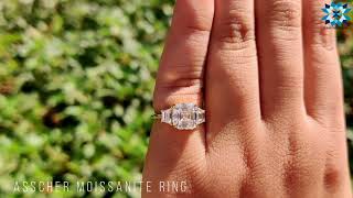 2.78 TCW Asscher and Trapezoid Cut Colorless Moissanite Three Stone Engagement Ring | Wedding Ring