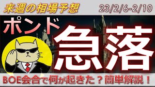 【ポンド最新予想】ポンド急落！ポンドに今、何が起きているのか？簡単解説！来週のポンド・ユーロドル・豪ドルの為替相場予想と投資戦略！BOEベイリー総裁発言・ECB発言にも注目！(23/2/6週)【FX】