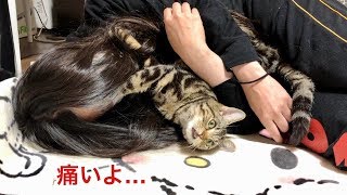 どうしても一緒にいたくてお昼寝する妹の顔を踏んづけてしまった猫ｗ