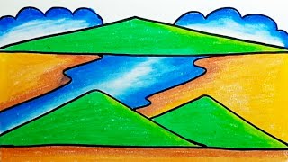 How To Draw Easy Scenery |How To Draw Mountain And River Scenery Simple With Crayons