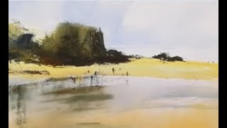 Beach and rock in loose style watercolour.水彩海滩和岩石。