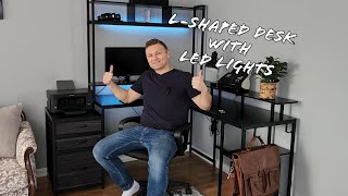 L Shaped Desk with LED Light Tower and Built in Power Strip