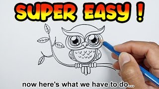 How to draw an owl sitting on a branch | Super Simple Drawings