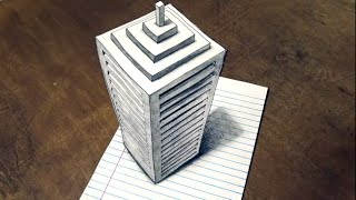 Drawing 3D Skyscraper on Line Paper - How to Draw a Big Building Illusion drawing arts adda by kmcs