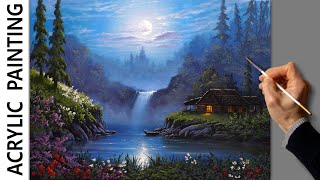 Acrylic Landscape Painting - Good Night / Easy Art / Drawing Lessons / Satisfying Relaxing / Акрил.