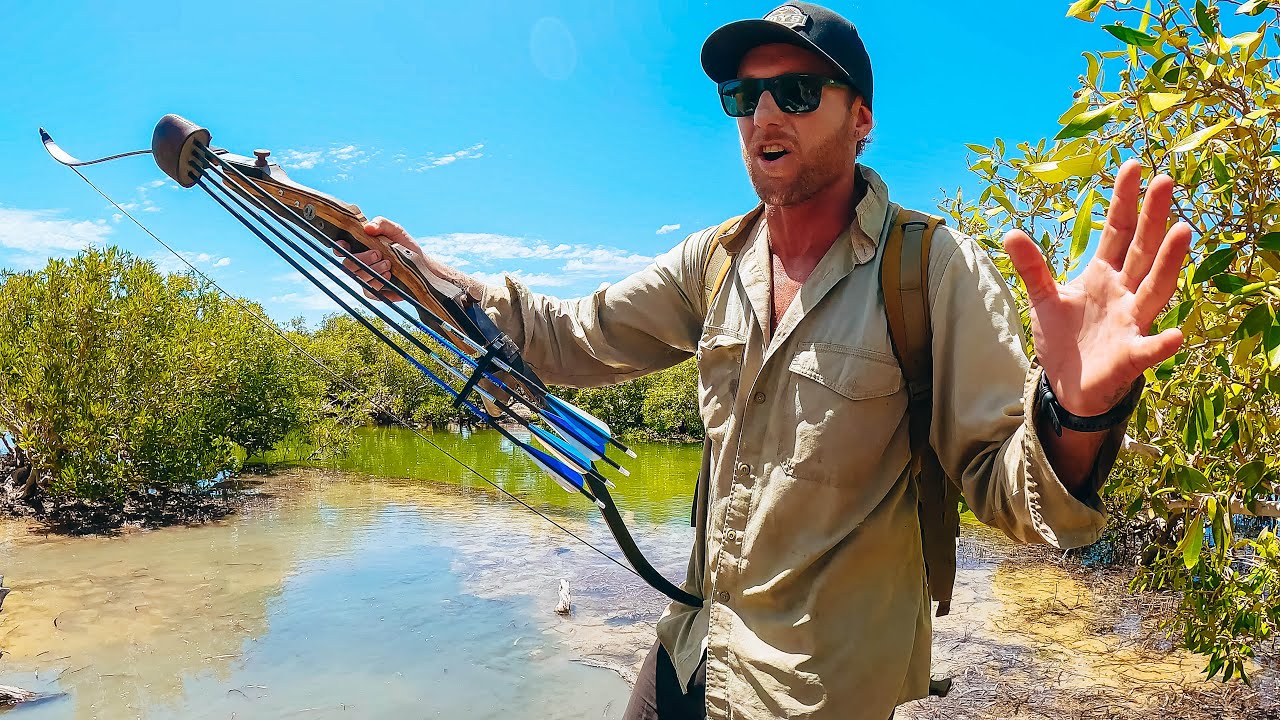 SURVIVAL CHALLENGE - with HAND SPEAR and BOW and ARROW. Can I Gather Food In Mangroves?