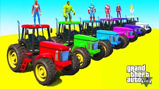 SPIDERMAN with Superheroes Tractors Ironman and Hulk Ramp Challenge - GTA 5