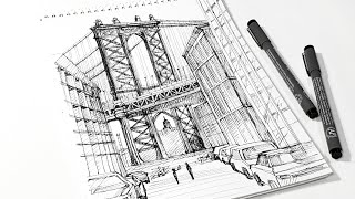 Manhattan Bridge (Vertical Video) - pen drawing sounds ASMR - sketch step by step