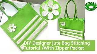 #DIY Designer Jute Handbag With Front Zipper Pocket Cutting&Stitching/How To Make #jute #Bag At Home